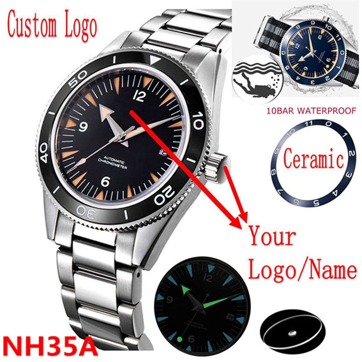 Luxury Ceramic Watch - Logotipo personalizado nh35 movimento relógio 10
